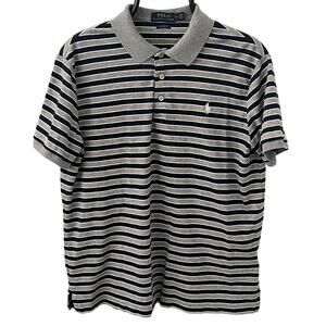 Polo Ralph Lauren Gray Navy White Striped Classic Fit Polo Shirt ~ Men's MD